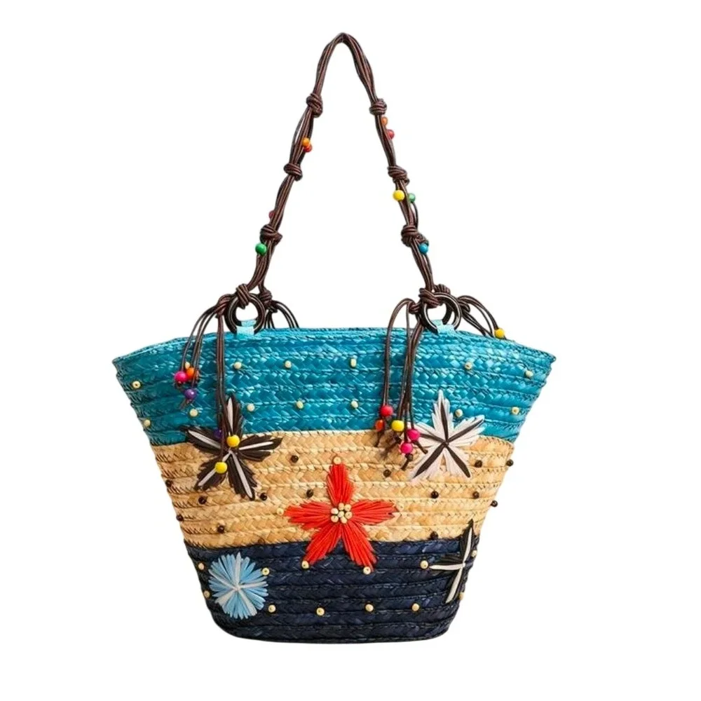 Woven Straw Starfish Beach Tote Bag Blue‎ Tan Navy Beaded Rope Handle Summer